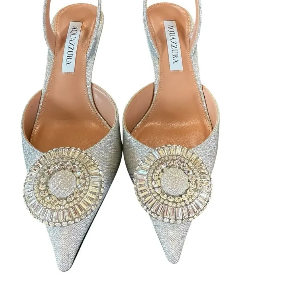 Aquazzura Crystal Hoop 50 Slingback Pumps Kitten Heel Silver NEW EU 37 US 7